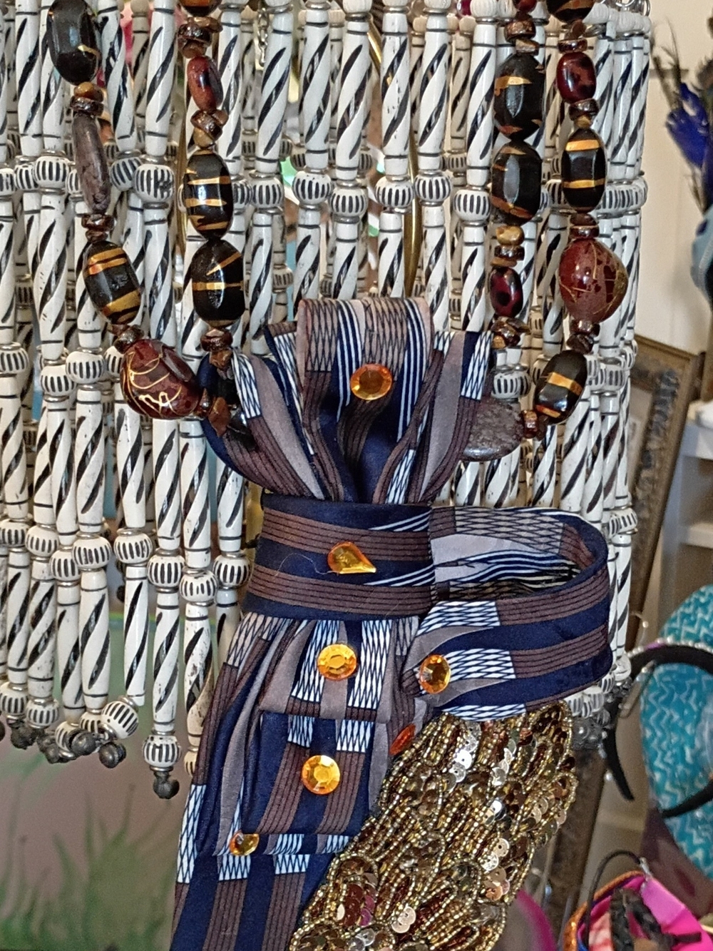 Elegant Navy and Brown Beaded Scarf Accessory with Amber Accents